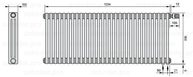 Схема (чертеж) Радиатор Zehnder Charleston 3090/29 №V002 Белый глянцевый RAL 9016
